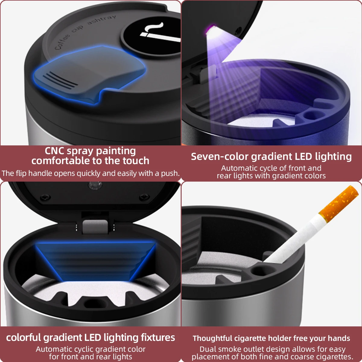 1/2x Car Ashtray Creative Coffee Cup Style Car Ashtray with Lid 7 Color LED Light Metal Lining & ABS Shell Garbage Storage Cup