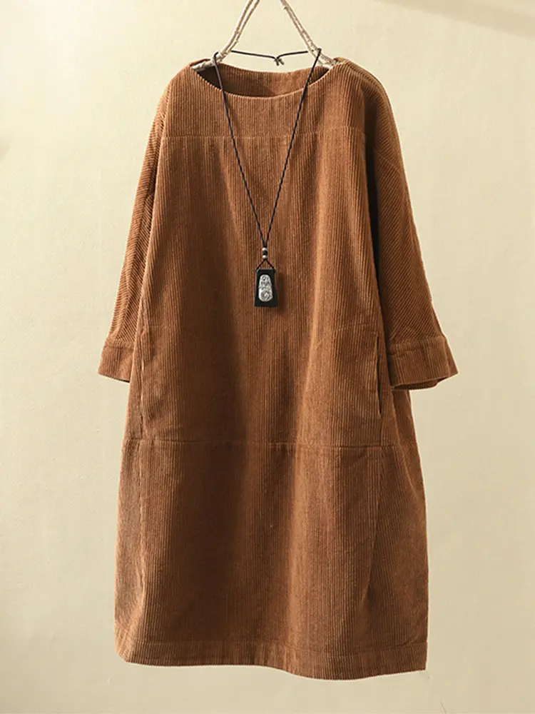 Autumn and winter new corduroy fashionable temperament sexy casual solid color dress loose dress women\'s clothing