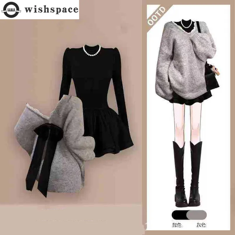 

Осенне-зимний корейский вязаный свитер с бантом, стильный и узкий стиль, элегантный женский комплект из двух предметов