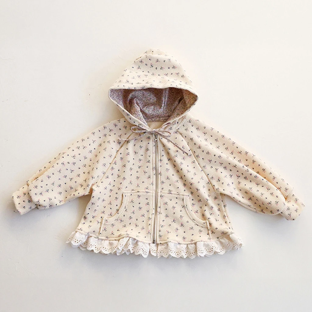 Spring 2026 Korean Style Coat Children's Girl's Floral Trim Hooded Zipper Sweatshirt Jacket Trendy Matching Striped Design