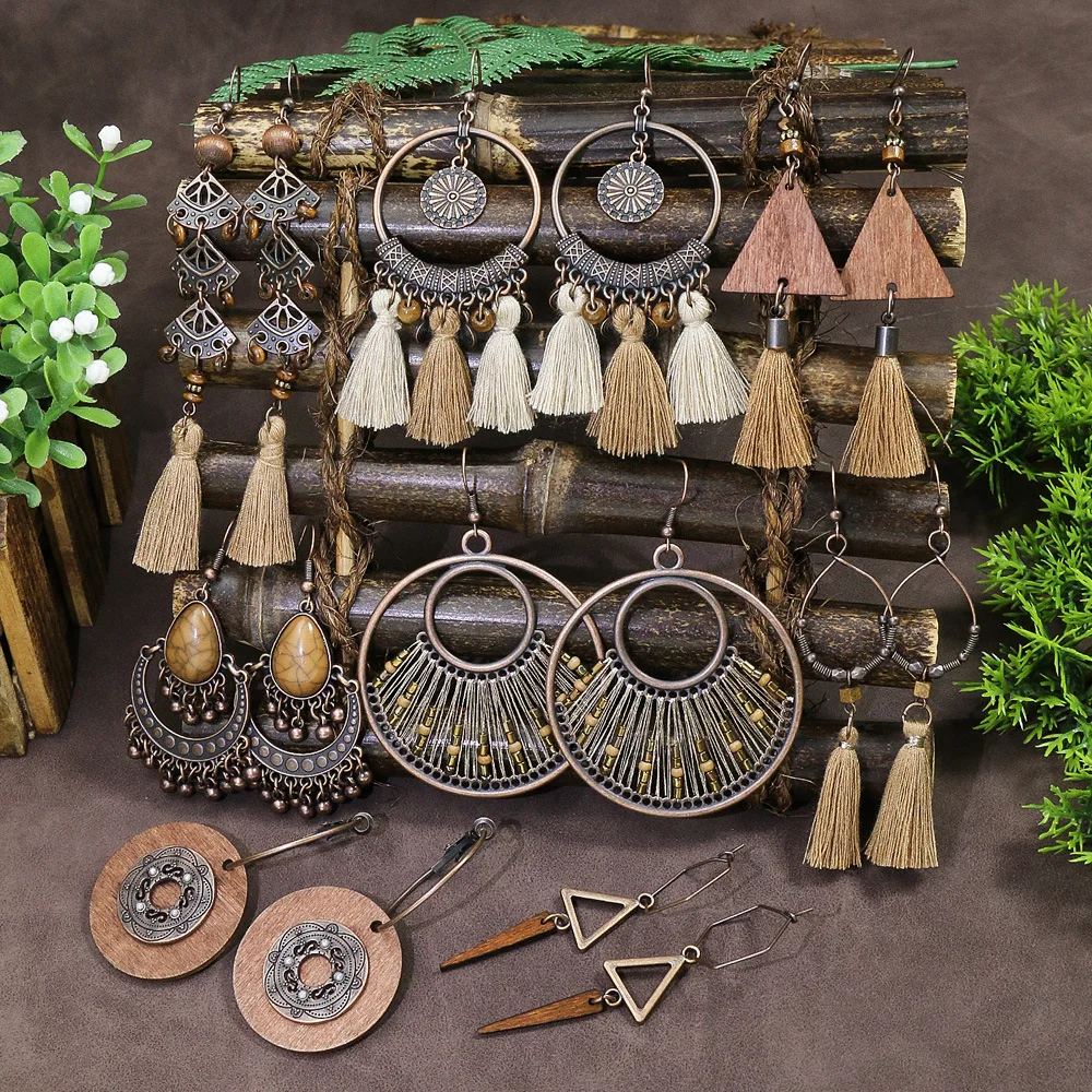 Bohémský klasický ženy geometrické střapcem dřevěný náušnice vintage cikán etnický kružnice kvést indie dangle náušnice jhumka šperků