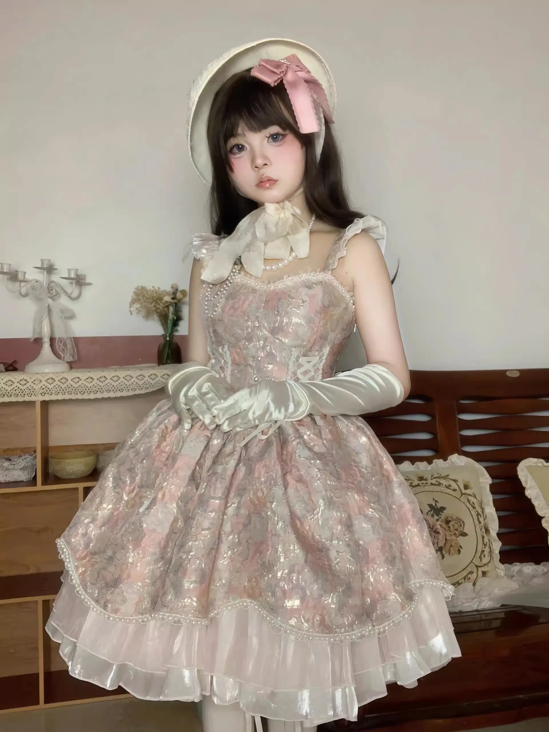 Pink Purple Flying Sleeve Jacquard Lolita Dress JSK Cute Sweet