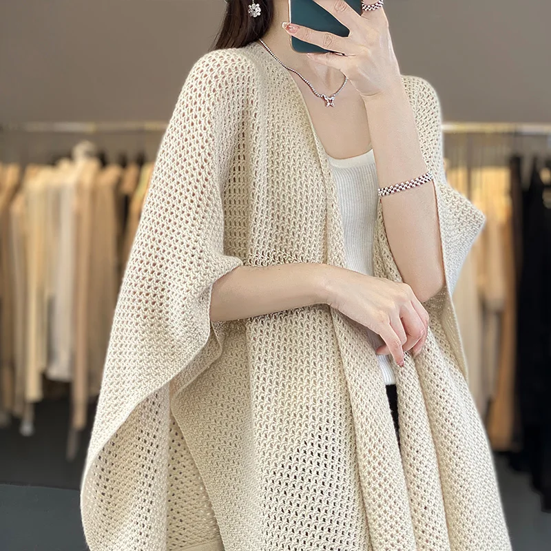 New 100% Australian wool women\'s shawl solid color knitted long style women\'s hollow wool shawl summer thin style versatile and