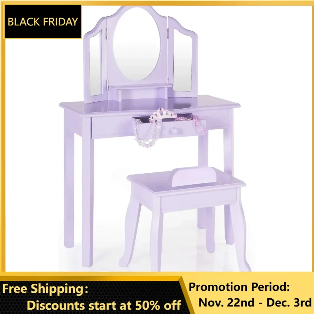 Vanity and Stool Set, Pretend Play Makeup Table with Mirrors and Chair for Little Girls, Lavender Wooden Toy Vanity with Storage