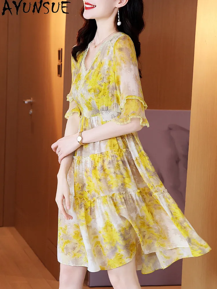 AYUNSUE 100% Natural Mulberry Silk Dress for Women Clothing 2026 Summer Dress Printed Elegant Womens Dresses Платье Женское