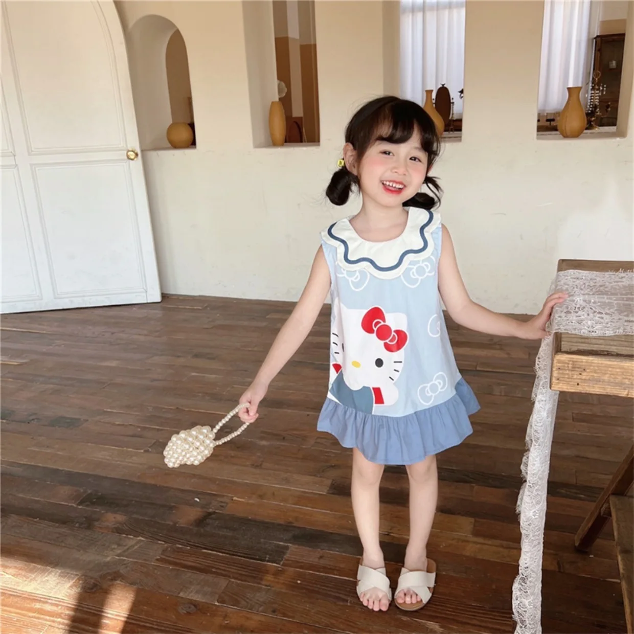 Kawaii Anime Sanrioed Hello Kittys My Melody Kids Dress Vest Skirt Cute Princess Dress Summer Girls Beach Dresses Girl Clothes