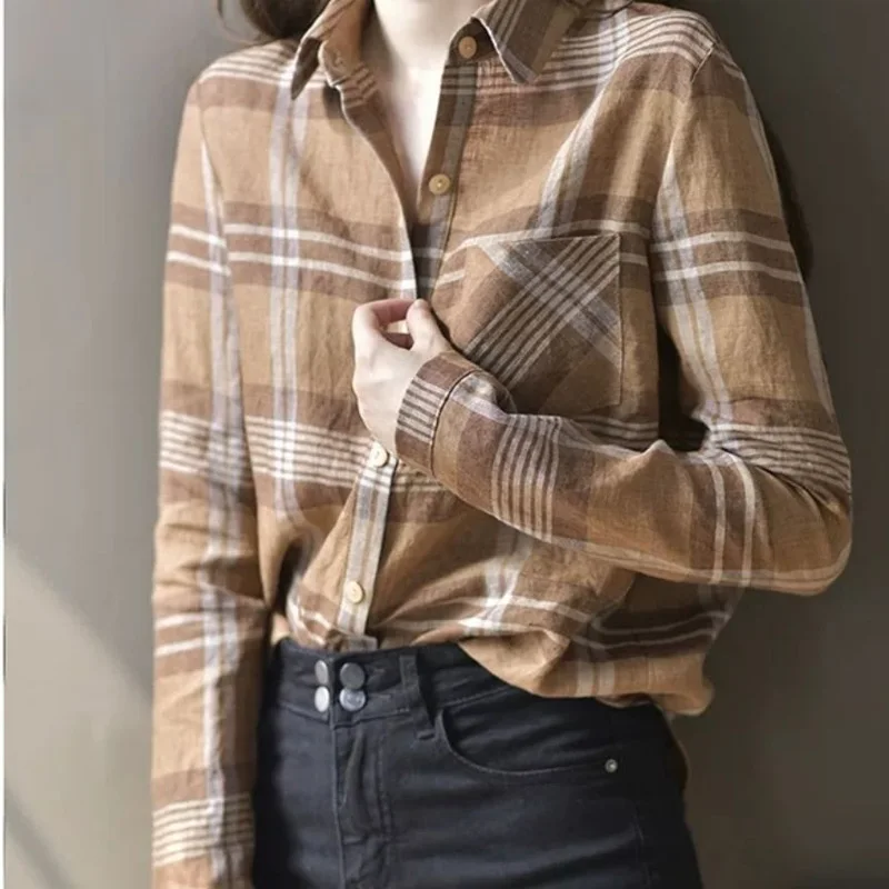 Vintage Lattice Pocket Single-breasted Blouse Womne New Long Sleeve Loose Polo Collar British Style Temperament Lady Shirt 2022