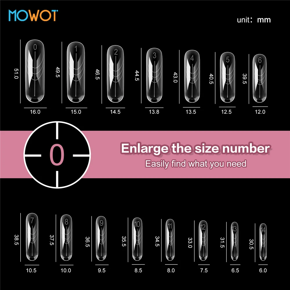 MOWOT 150Pcs Clear Nail Dual Forms Acrylic Widen Top Forms for Extension Quick Building Gel Mold 15 Sizes Full Cover Nail Forms