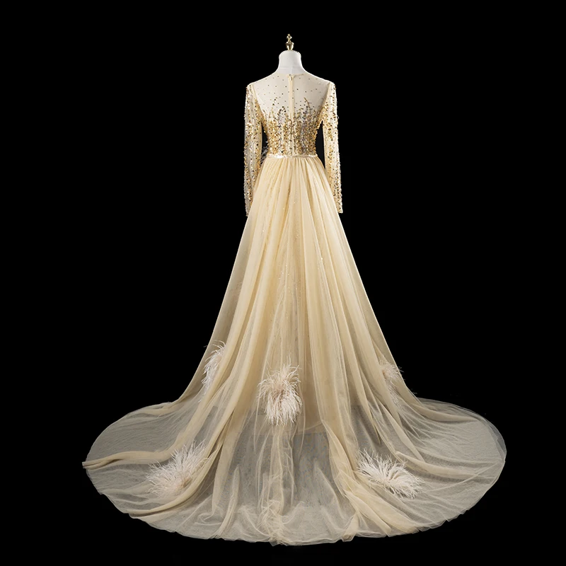 Elegant Yellow Evening Dress Handmade Beaded Feather Decor With Detachable Train Wedding Dresses Prom فساتين سهرة H1797