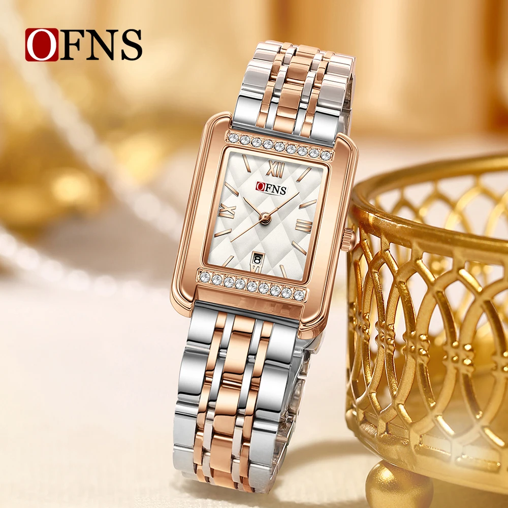 OFNS جديد 1557 ساعة كوارتز نسائية فاخرة مقاوم للماء الماس نمط الهاتفي التقويم الأعمال الفولاذ المقاوم للصدأ حزام ساعة نسائية