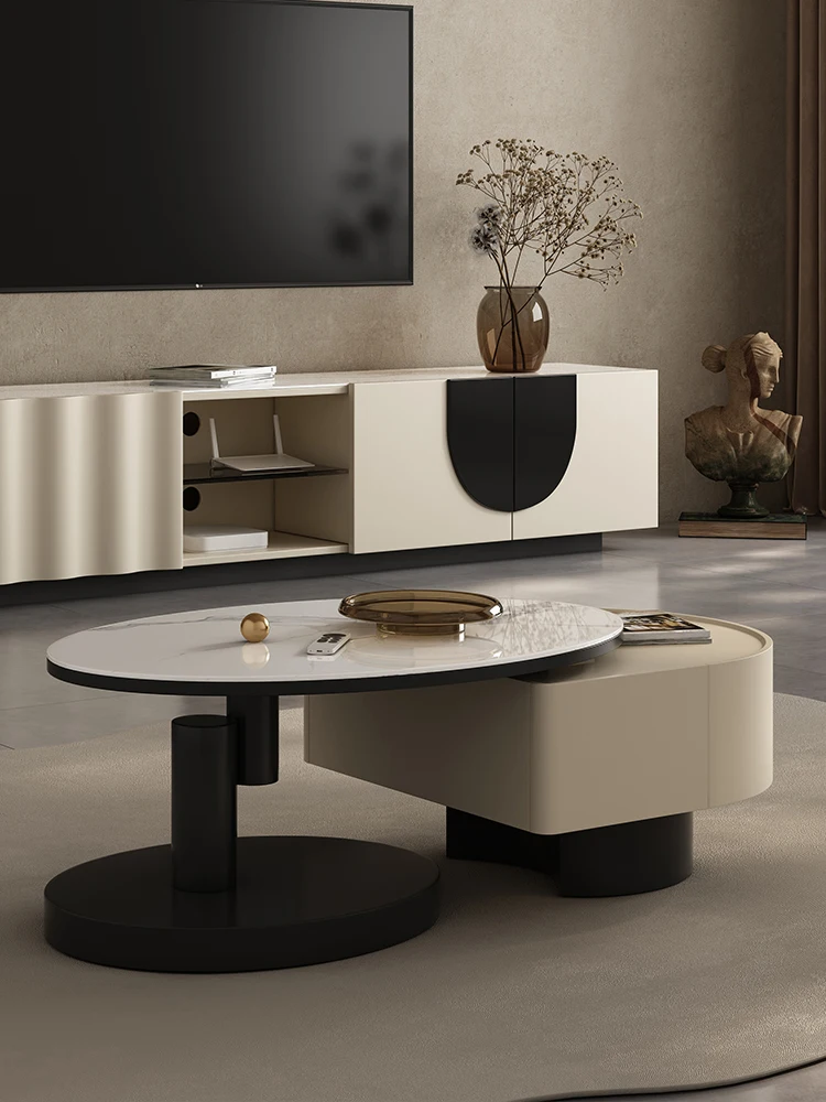 

XK Stone Plate Coffee Table Light Luxury Modern Quiet Style Solid Wood Oval Retractable Living Room