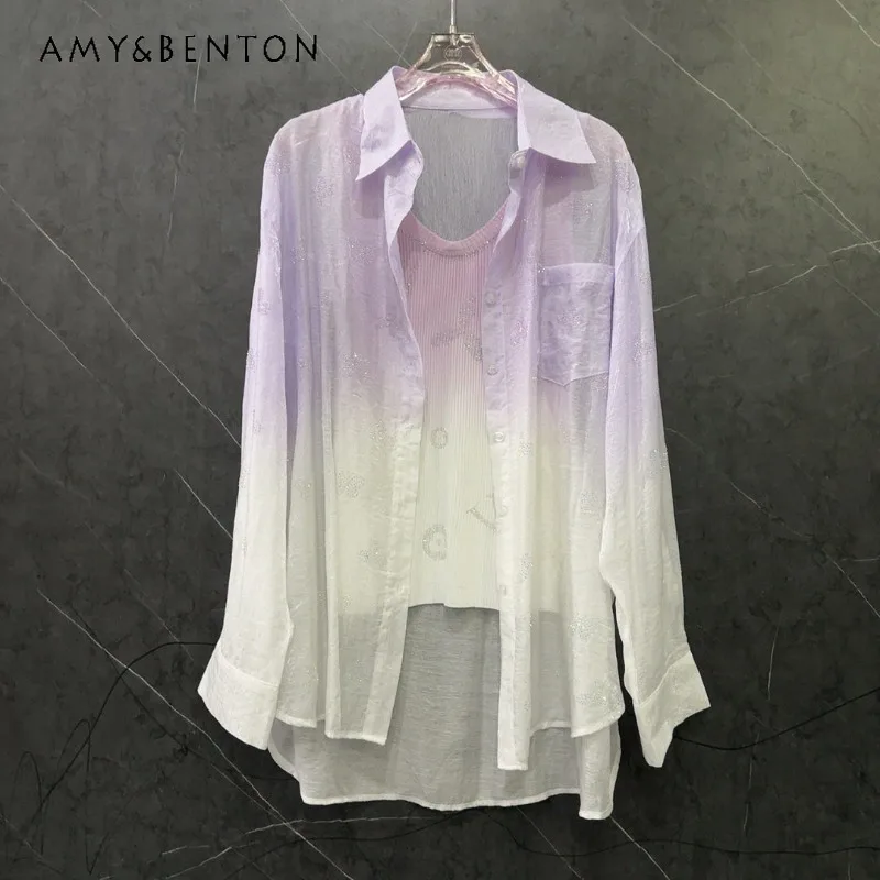 

2026 Summer Heavy Industry New Y2k Rhinestone Clover Butterfly Long-sleeves Shirt Women's Loose Casual Versatile Thin Blouse Top
