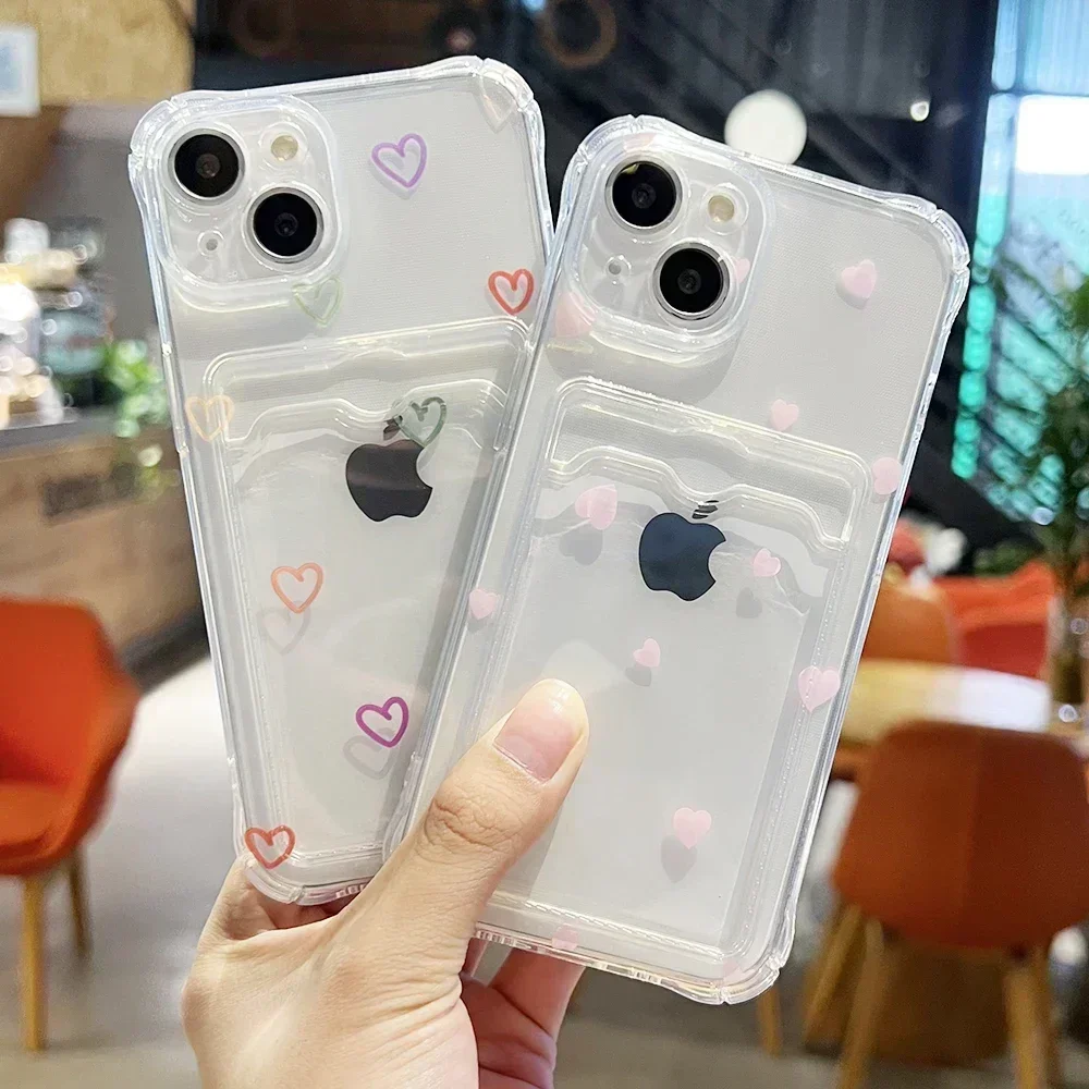 

For IPhone 14, 13, 12, 11 Pro Max X XR XS Soft TPU Card Bag Protective Cover USLION Transparent Love Card Clip Phone Cover