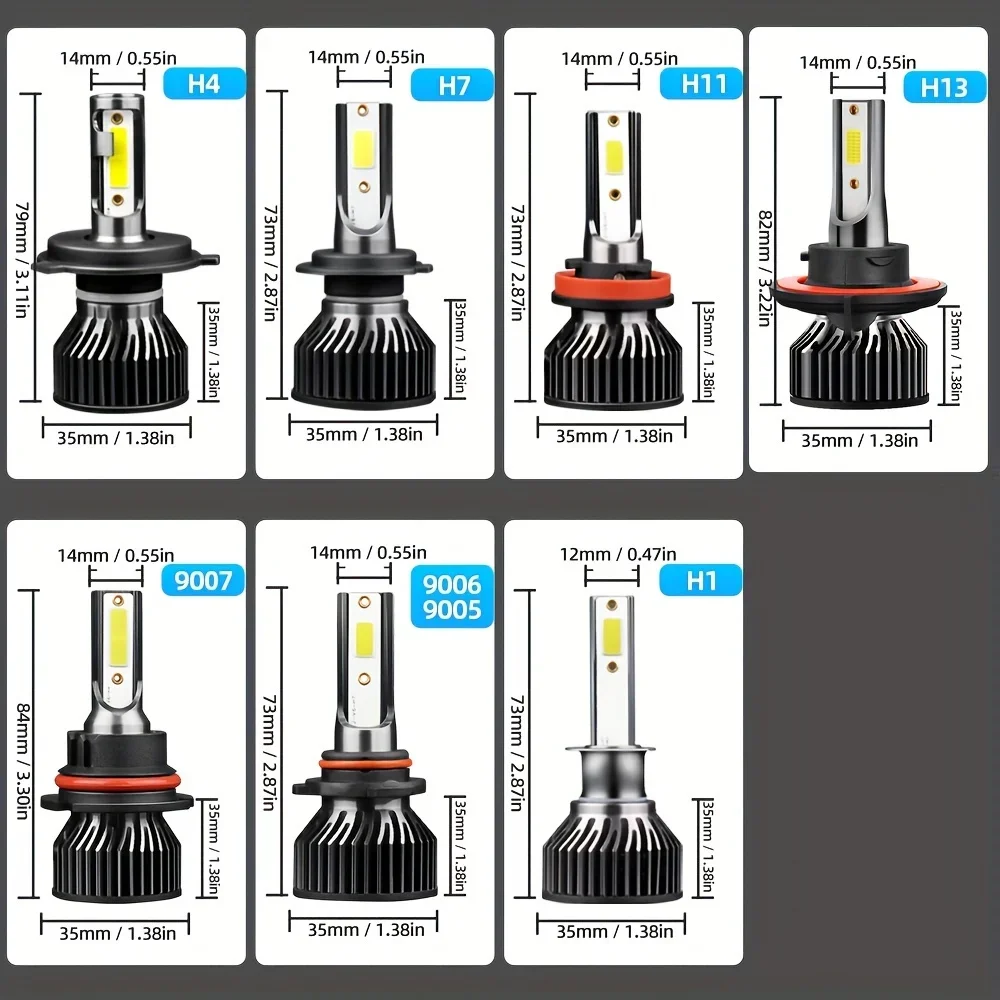 LED Headlight H1 H7 H11 9005 9006 H4 9004 9007 H13 50000LM High/Low Beam Fog Light Easy to Install Beam All In One COB Chip 2pcs