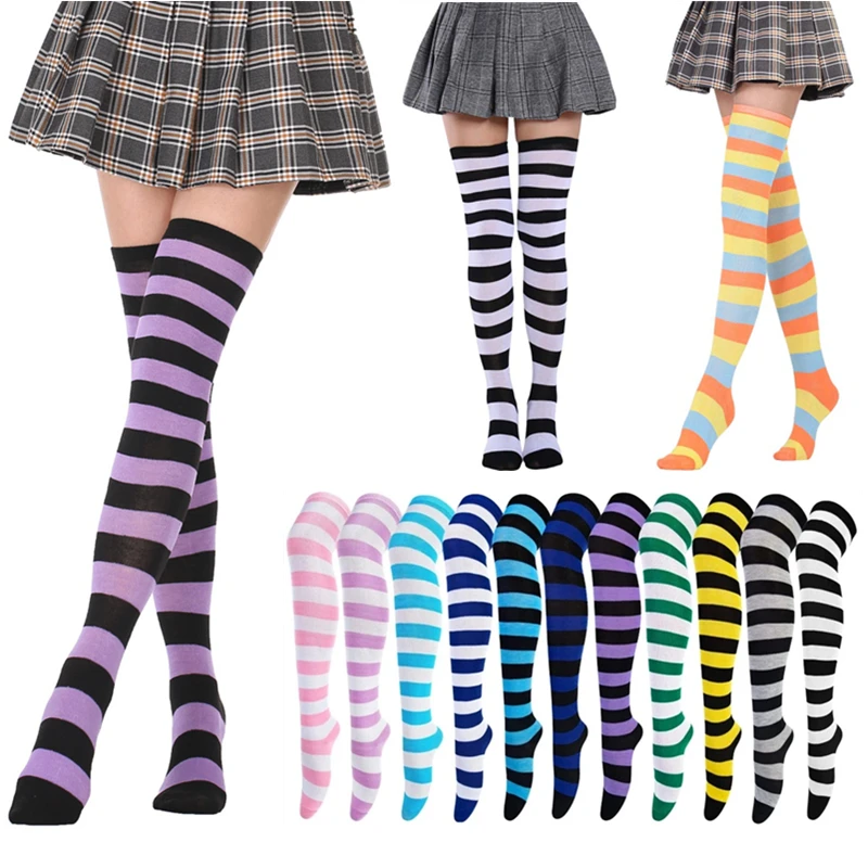 Chaussettes longues rayées pour femmes, bas au-dessus du genou, jambières hautes, tricotées en coton Kawaii, cadeaux sexy, mode