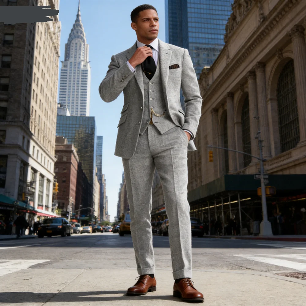 

Мужской терно-костюм с цифровым принтом и 2 пуговицами, винтажный свадебный ансамбль из трех предметов для позвоночника рыбы, серый