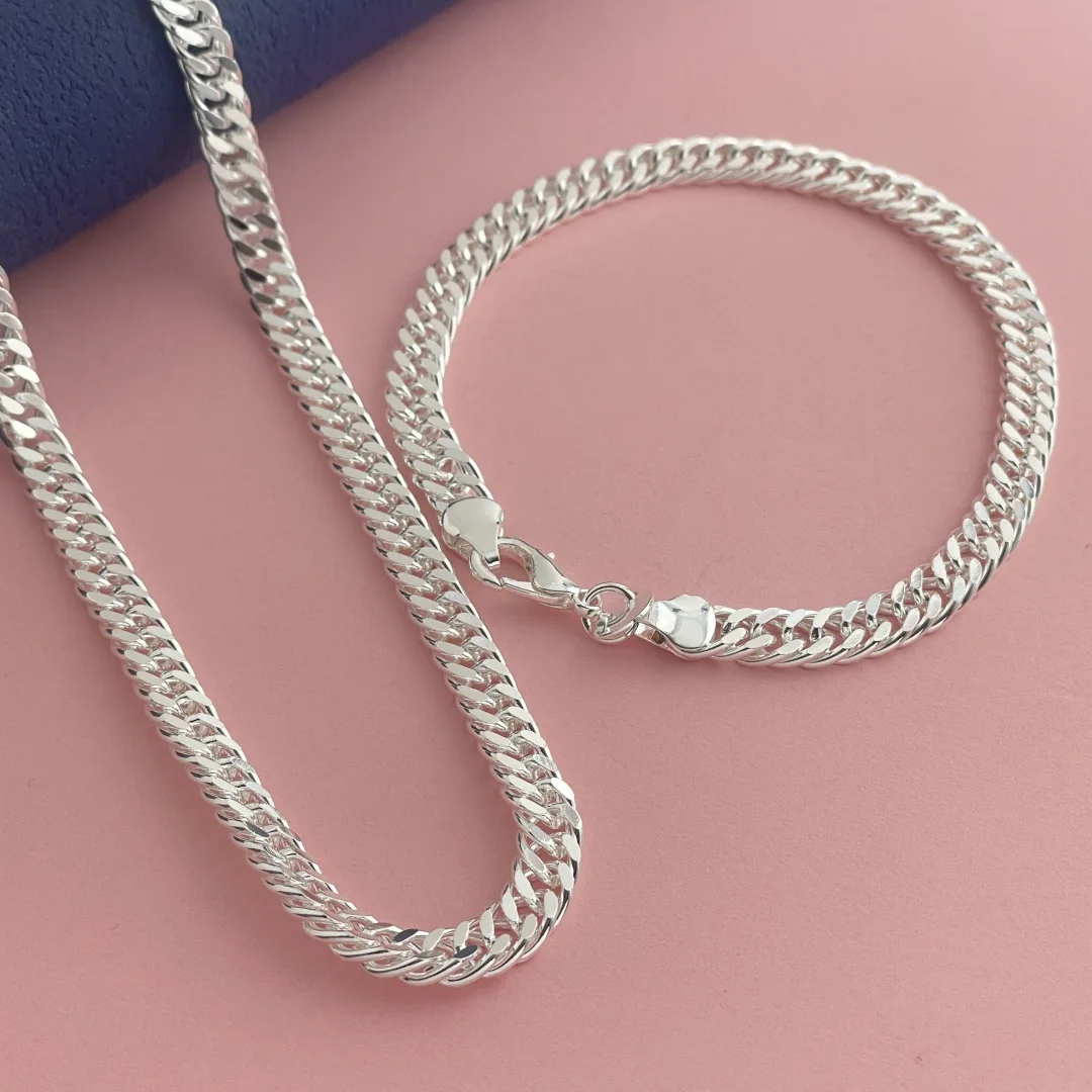 925 Sterling Silver 6mm Side Double Buckle Cuban Necklace Bracelet Set Birthday Anniversary Party Gift