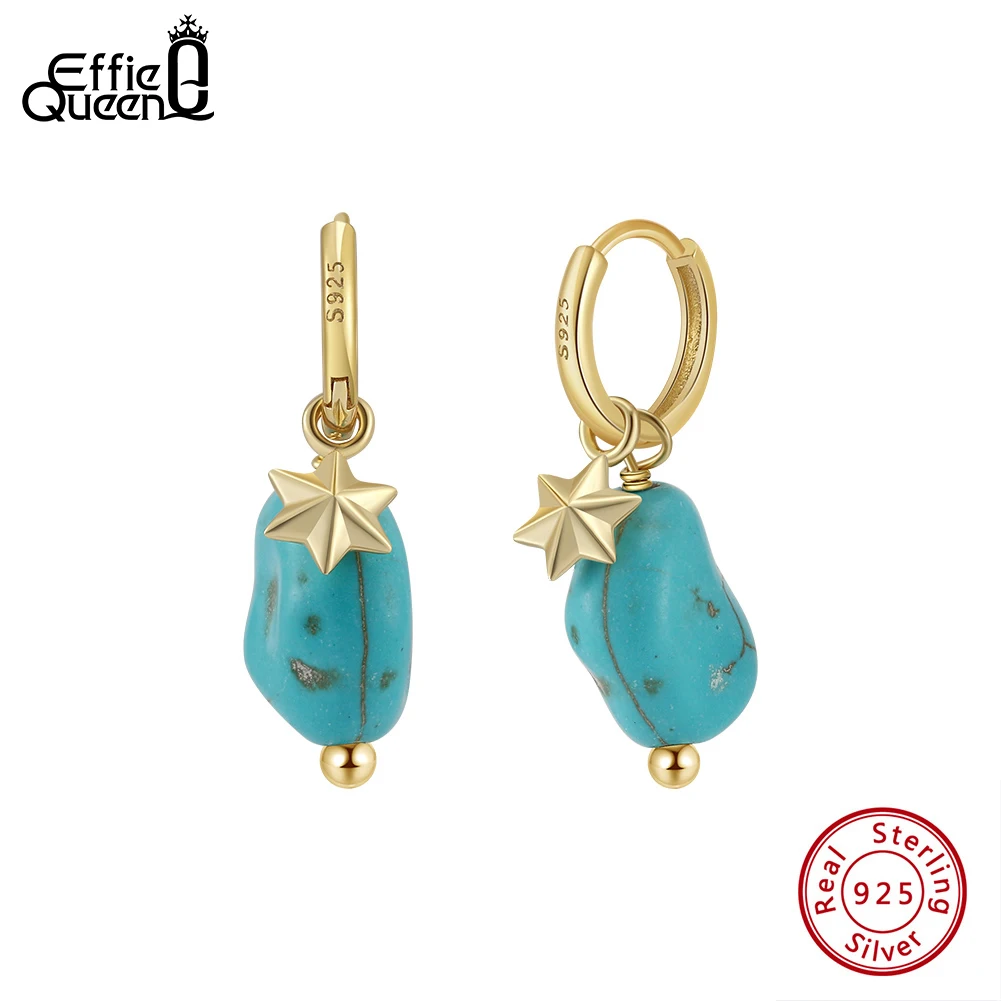 

Effie Queen 14K Gold 925 Sterling Silver Dangle Earrings Green Turquoise & Star Ornament Drop Style Natural Stone Series GME40