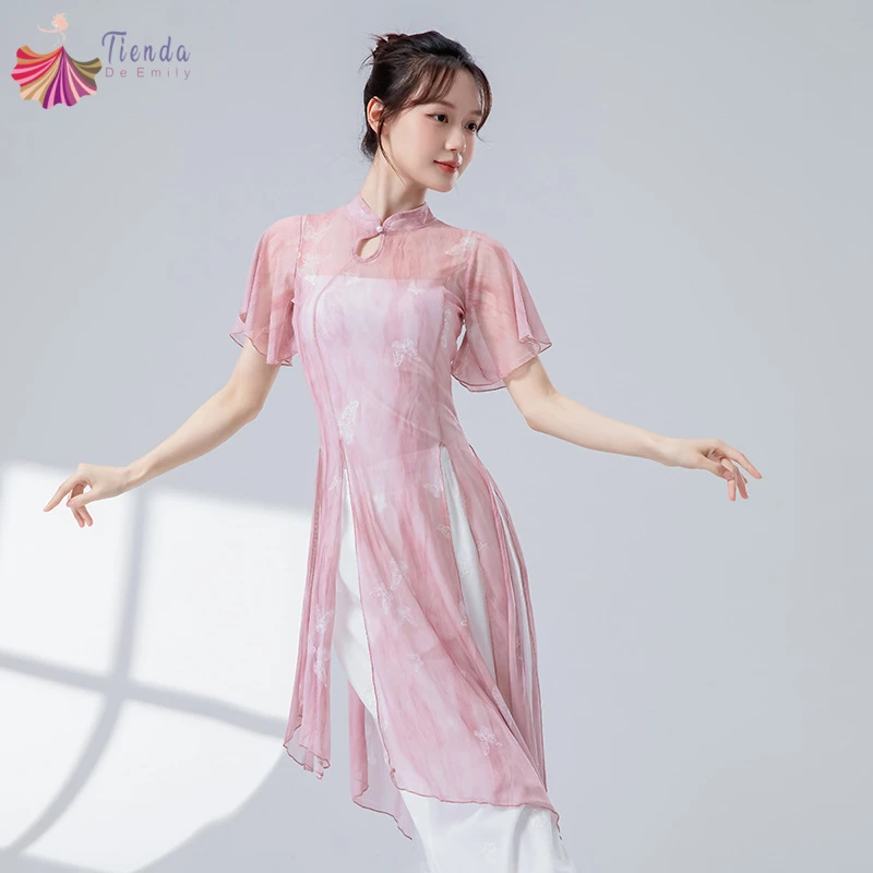 Top da danza classica da donna con orlo diviso, camicia lunga in rete di garza, collo cheongsam, performance Hanfu, camicetta fluida velata, abbigliamento da ballo