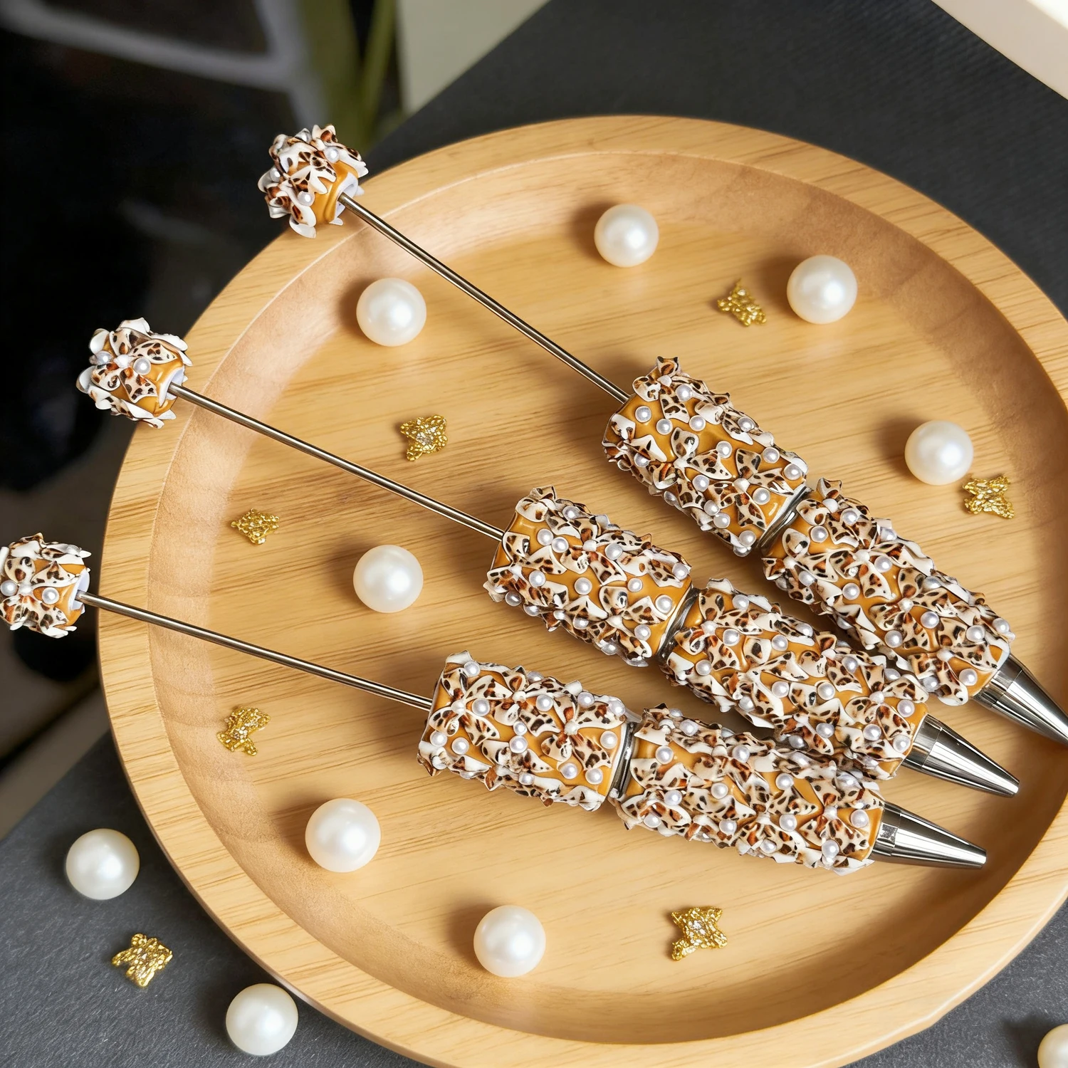 10-50Pcs DIY Bead Pen Ballpoint Pen — leopard-print bow pearl-embellished, heavy handwork design for boutique gift sets