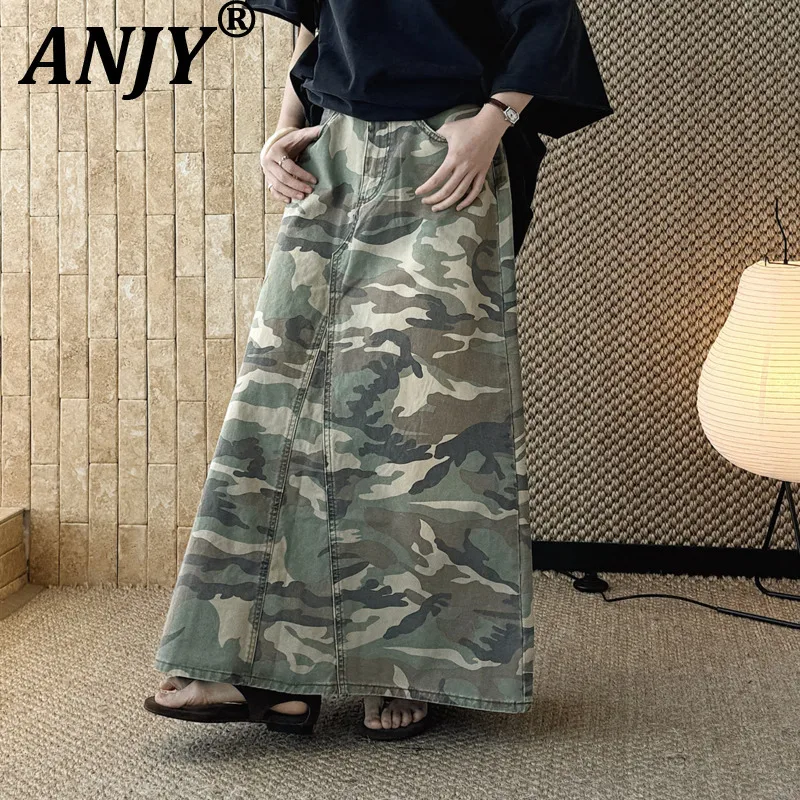 ANJY Summer New Women Tide American Safari Style Camouflage Patchwork Denim Loose Skirt Stylish Trendy Split Daily Skirts A21461