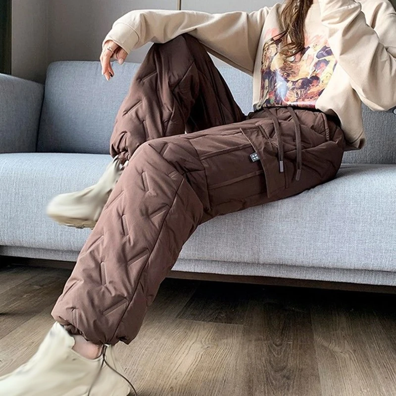 Women Thicken Warm Down Cotton Trousers Winter Outerwear Work Cargo Pants Snow Wear Bloomer Windproof Quilted Harem Pants