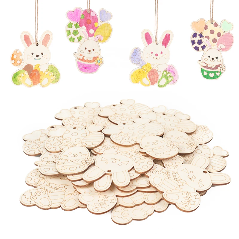 10pcs Easter Bunny Wood Chips Cute Rabbit Easter Eggs Balloon Flower DIY Painted Chips Easter Party Home Hanging Decor Supplies