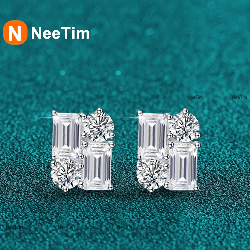 

NeeTim Emerald Cut Full Moissanite Lab Diamond 925 Sterling Silver with White Gold Plated Stud Earrings Engagement for Women