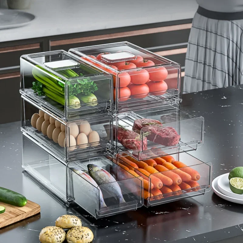 Drawer Type Refrigerator Storage Box Stackable Fridge Organizer Bin Food Fruit And Vegetable Fresh-keeping Box Kitchen Organizer