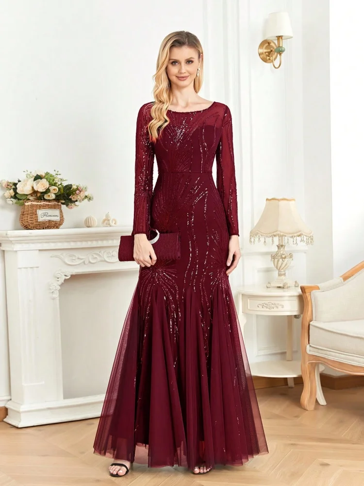 Elegant Long Sleeves Red Sequin Tulle Evening Dresses 2025 Women Luxury Mermaid Formal Bridesmaid Party Maxi Prom Dress