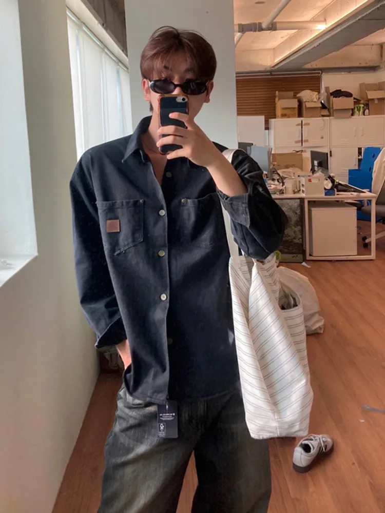 

SYUHGFA Korean Style Men's Shirts Turn-down Collar Solid Color Pockets Washing Long Sleeved Simple Single Breatsed Male Tops