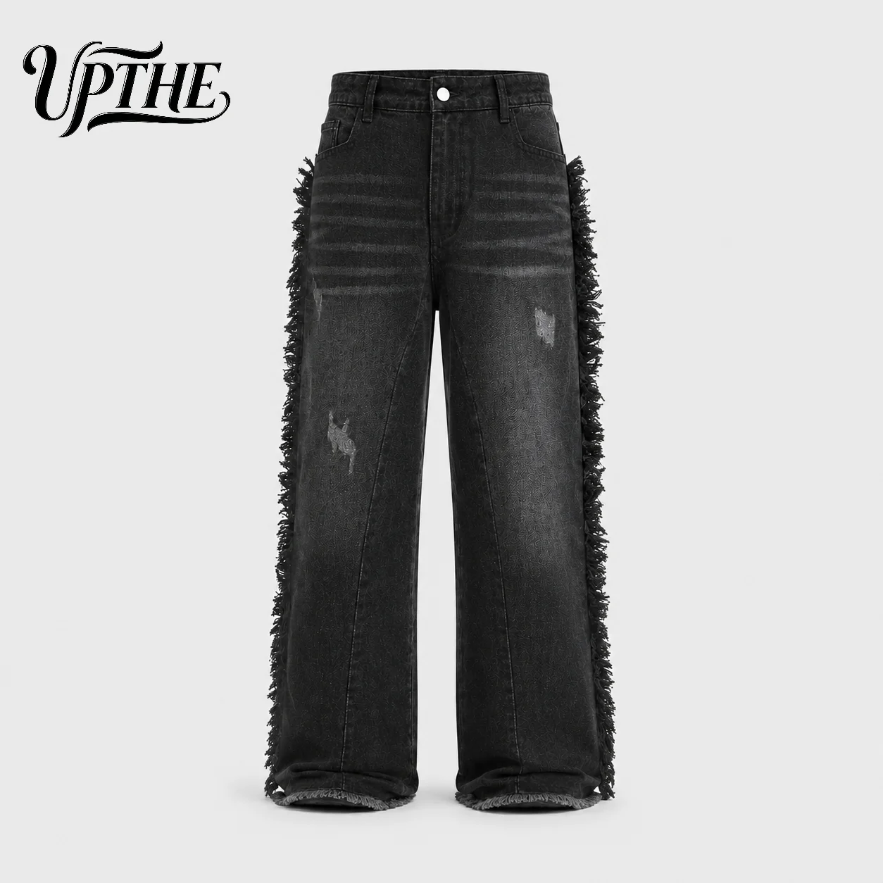 UP.THE Men Vintage Black Washed Baggy Wide Leg Jeans, Y2K Side Fringe Frayed Loose Denim Pants, Distressed Streetwear Trousers for Daily Outfits