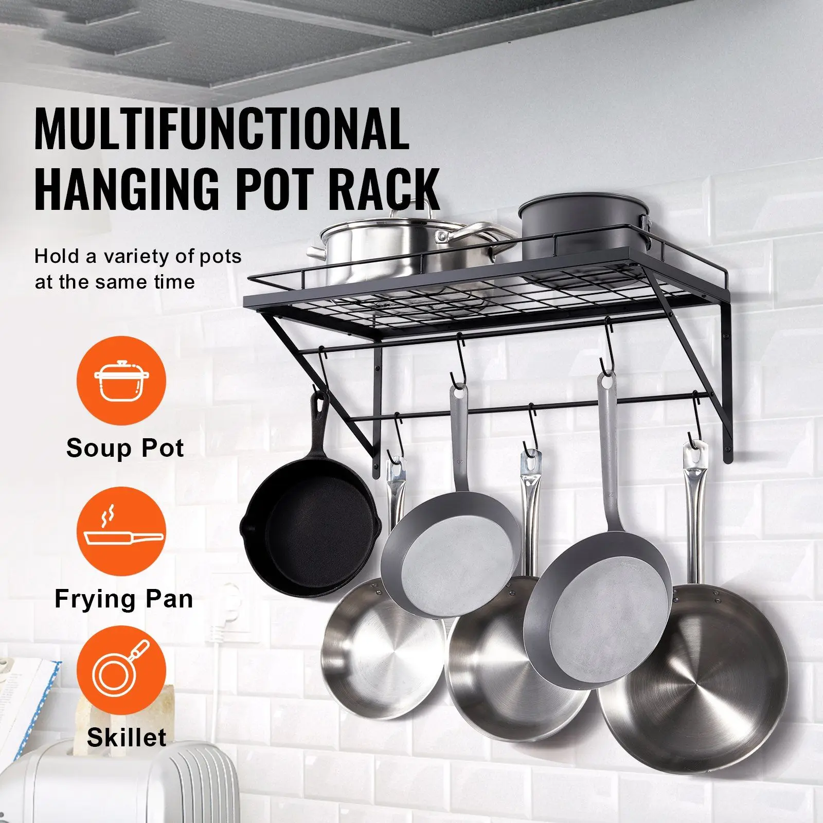 Pot Rack Wall Mounted, 24 inch Pot and Pan Hanging Rack, Pot and Pan Hanger with 12 S Hooks, 55 lbs Loading Weight, Ideal for Pa