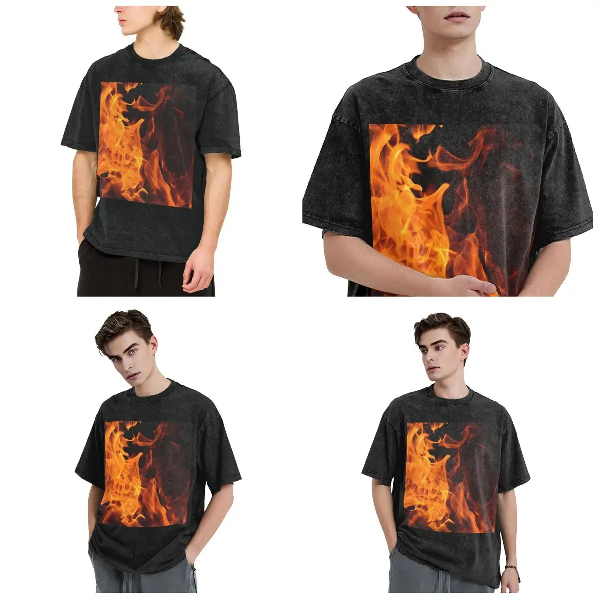 Streetwear T-Shirts Burning Fire With Sparks Washed T Shirt Short Sleeve Hip Hop T-Shirt Tops Tees for Men Women
