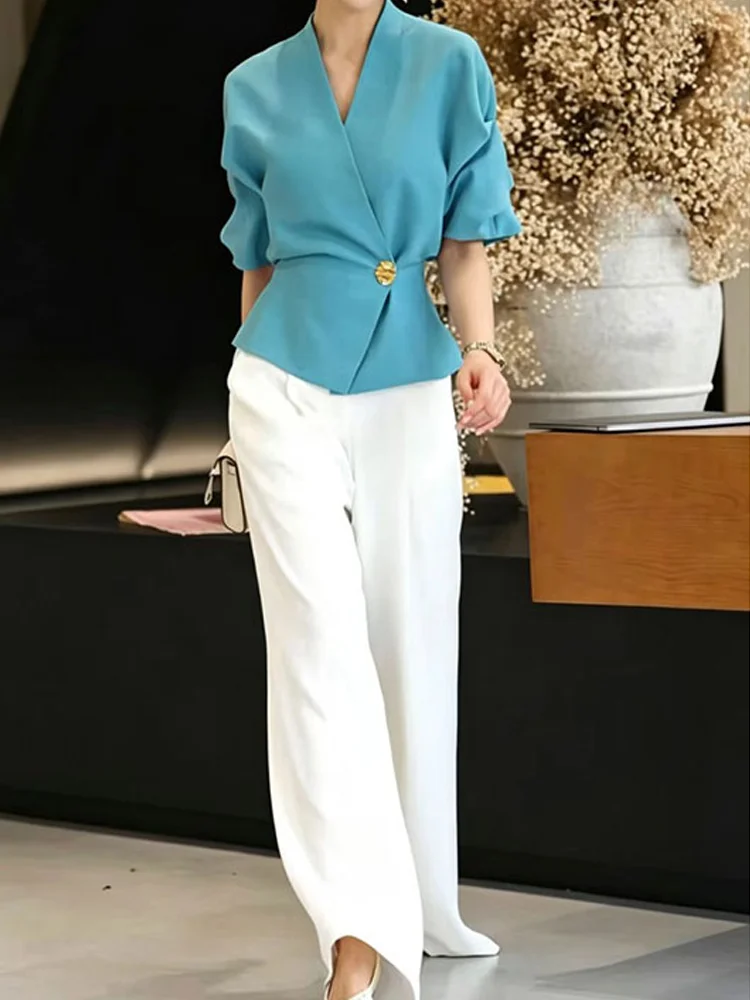 Korean Style Women's Summer Shirt And Wide Leg Pants Set Half Sleeve Commute High End Feeling Outfit Casual Comfortable Fashion