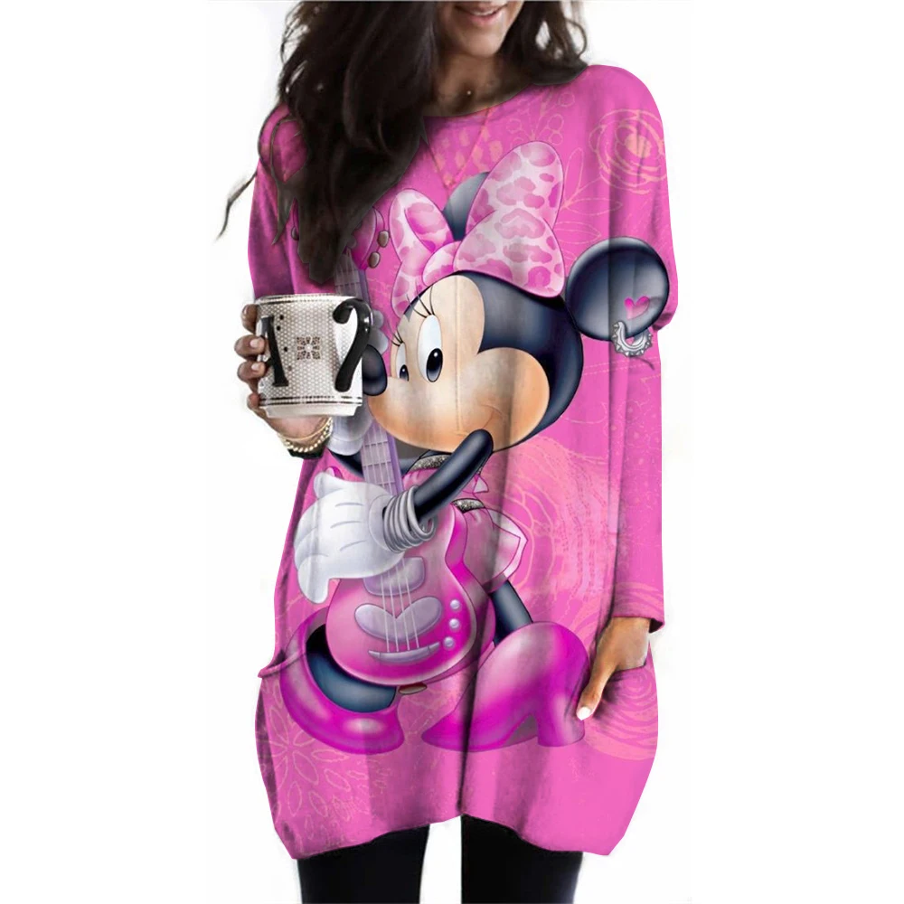 Christmas women's long sleeved T-shirt cartoon Disney Mickey Mouse round neck pocket dress autumn and winter casual loose women'