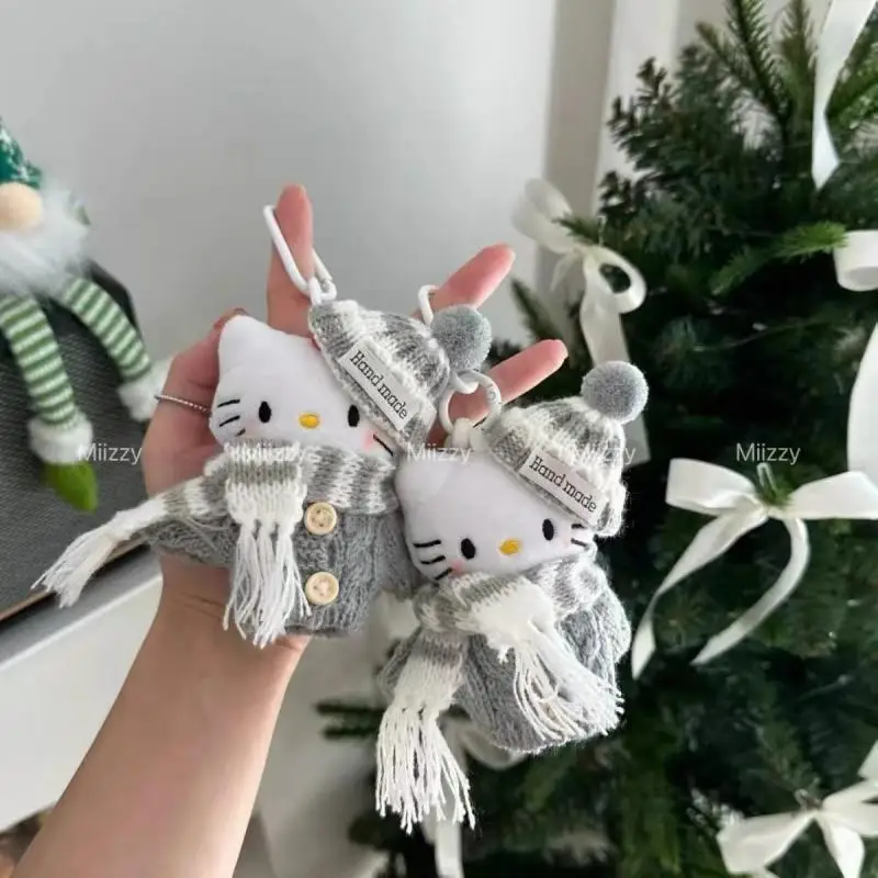 만화 헬로 키티 봉제 키 체인, 카와이 회색 스웨터 스카프 모자, 크로스 드레싱 Kt 학교 가방 펜던트, PP 코튼 인형