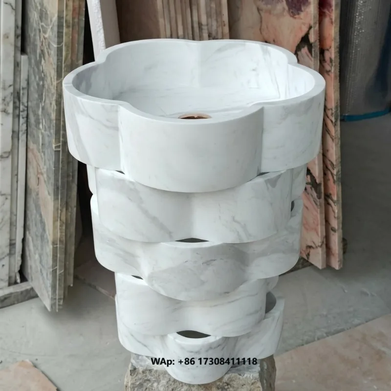 Unique Flower Design Freestanding Carrara White Marble Standing Basin Marble Stone Pedestal Sink