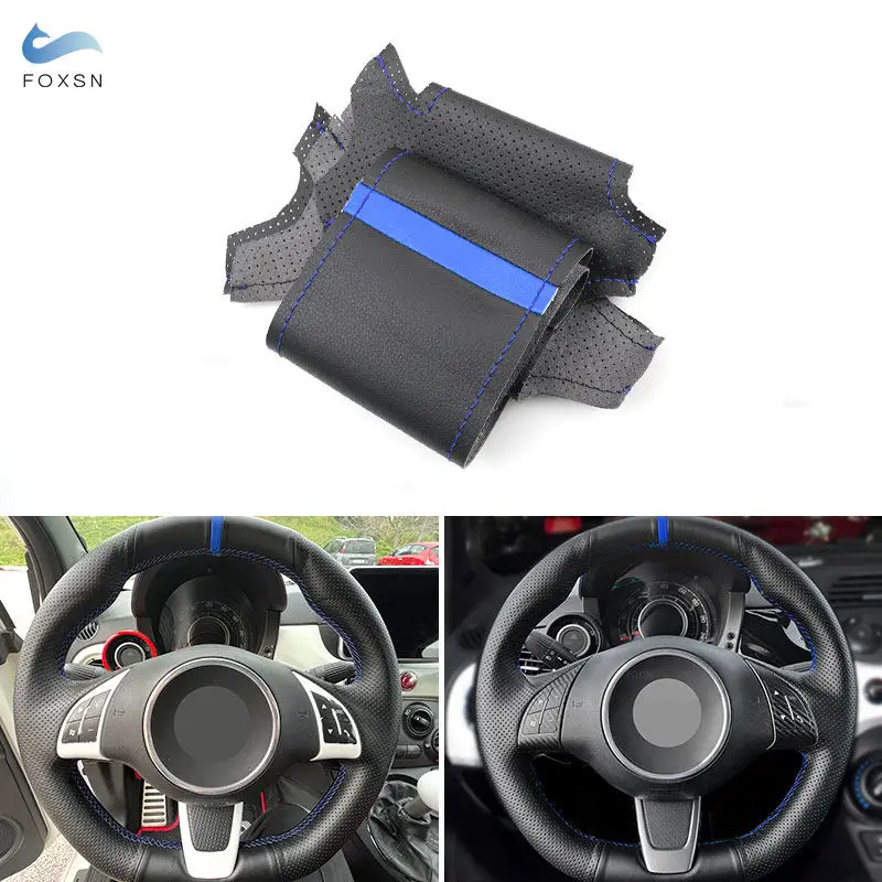 

For Fiat 500 500C 2013-2015 For Abarth 500 500C 595 595C 2009-2016 Perforated Leather Car Steering Wheel Cover Trim blue strip