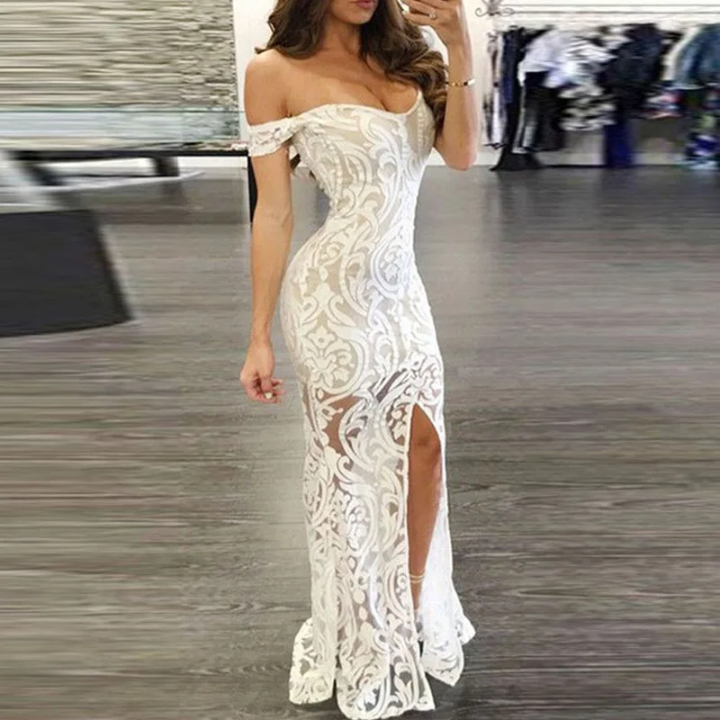 Off Shoulder White Long Lace Dress Slit Maxi Floor Length Celebrate Party Occassion Event Club Evening Gowns for Women Fashion