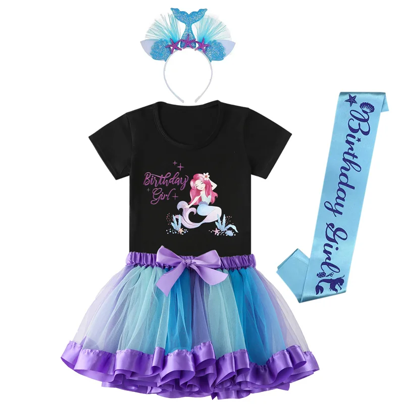 Girls' Mermaid T-shirt, short skirt, headband, and satin skirt set with rainbow contrasting colors