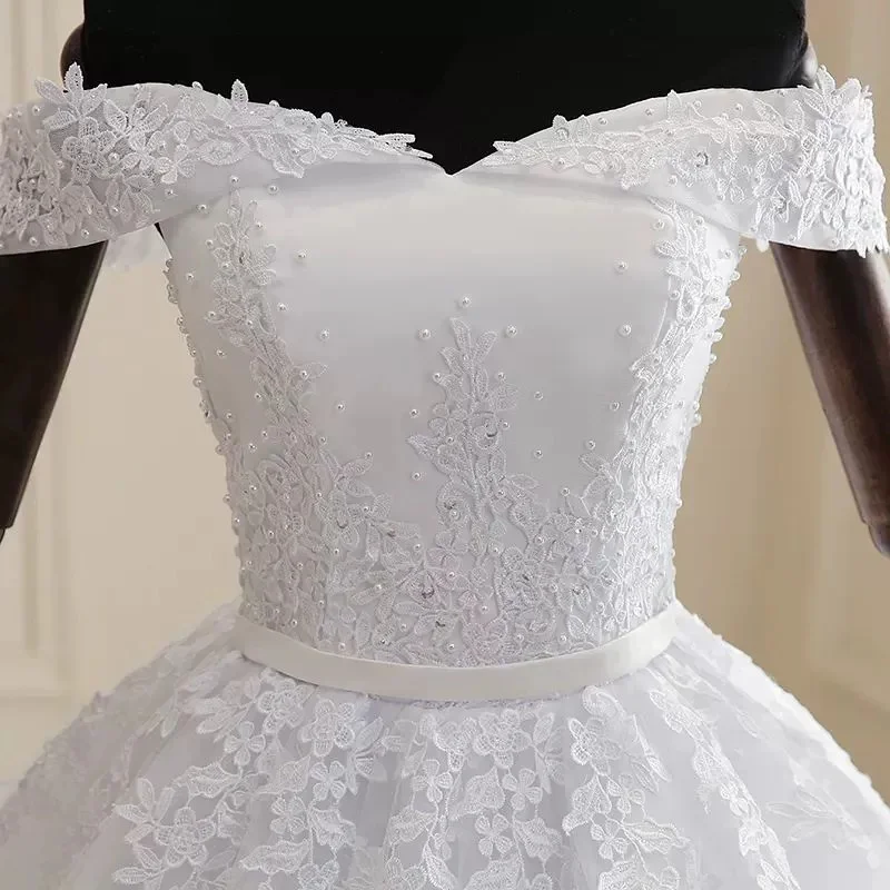 2026 Elegant Off Shoulder Sweetheart Lace Beaded Tulle Wedding Dress Long Train Sash Belt Custom Plus Size Ivory Bridal Gown Ves
