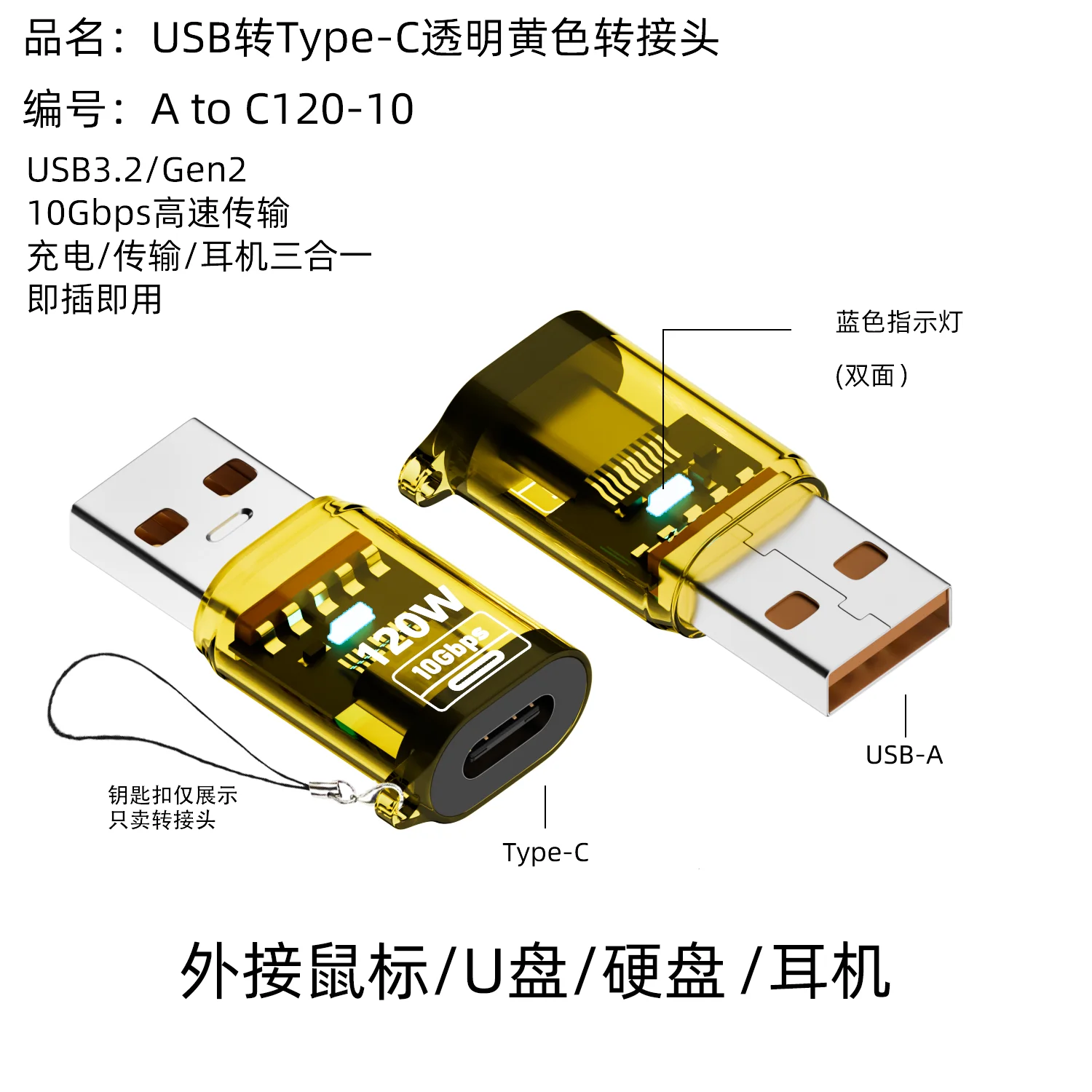 USB 3.2 Gen 2 Female to Type-C Male Adapter High-Speed Data Sync Cable Compatible with iPhone 15/16 Samsung Laptops And More