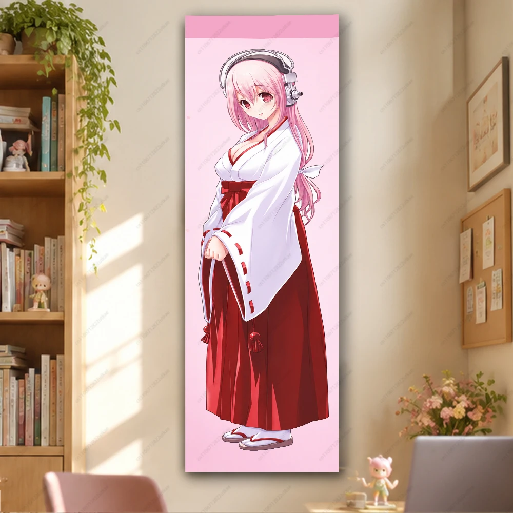 Pink Hair Super Sonico Headphones Shrine Maiden Kimono Print Tall Narrow Vertical Banner Tapestry Otaku Door Wall Decor