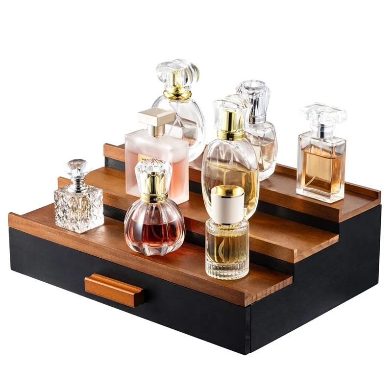 Wooden Cologne Display Stand Organizer For Men, 3 Tier Cologne Display With Drawer Storage, Perfume Organizer