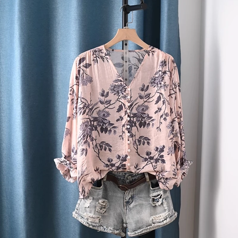 

2025 Summer women's clothing vintage v neck pink green floral print shirts and blouses for women cottage 3/4 sleeves tops