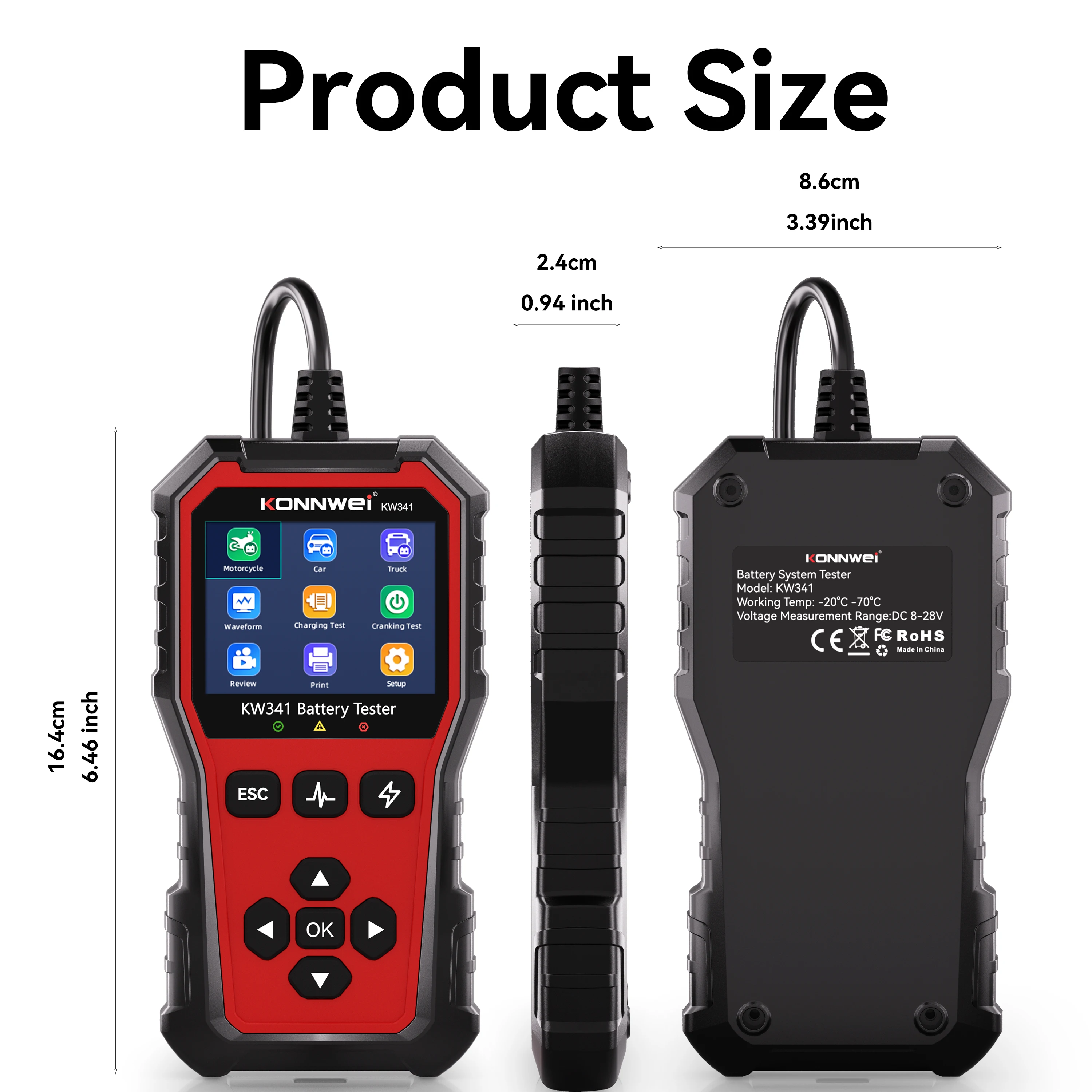 KONNWEI KW341 Car Battery Tester 6V12V 24V AMG GEL Battery Fault Data Printing Start Voltage Test Car Battery Charging Scan Tool - view 2