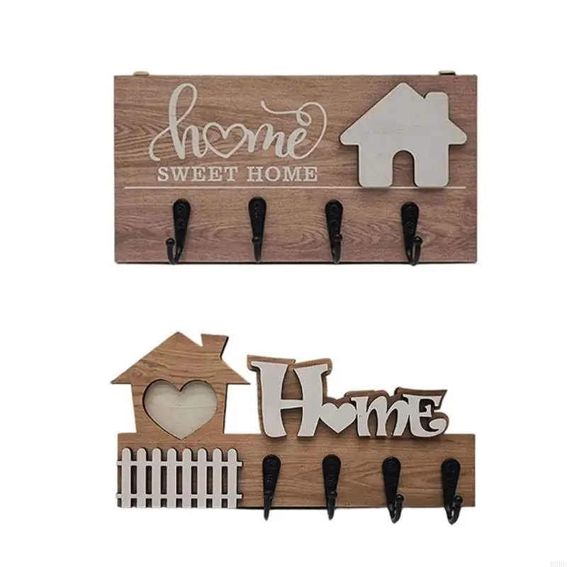 Wooden Wall Holder, 4 Place Entryway Rack with House Theme, Wall Mounted Storage Accent for Hallway KXRE