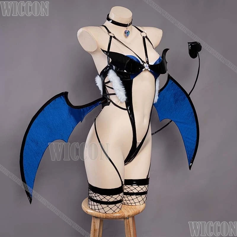 Ganyu Succubus Cosplay Kostüm Spiel Genshin Impact Sexy Schwarz Overall Flügel Horn Blau Lockige Perücke Halloween Frauen Cos Angepasst