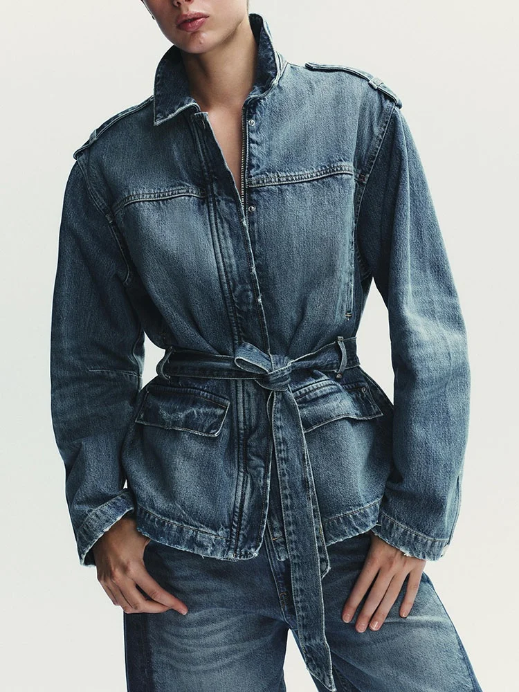 Fall 2025 Women's Faionable Comfortable Long Denim Jaet Coat with Belt Ele Personali New Arrival Ladies' Clothing